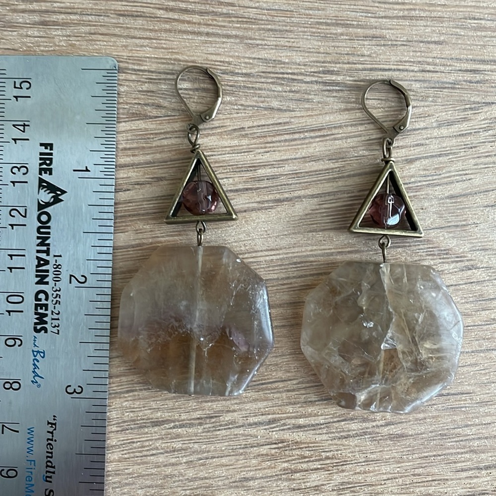 HAND CRAFTED EARRINGS Large Octagon Fluorite Beads with Amethyst and Brass - Picture 5 of 10